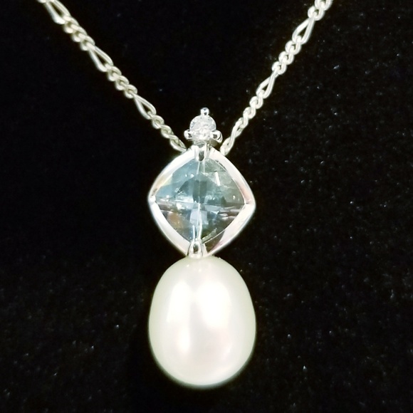 Jewelry - 14kt Baroque Pearl, Aquamarine & Diamond Pendant